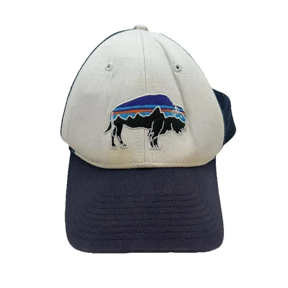 VTG Patagonia Fitz Roy Bison Buffalo Mesh Trucker Snapback Hat Blue White Logo